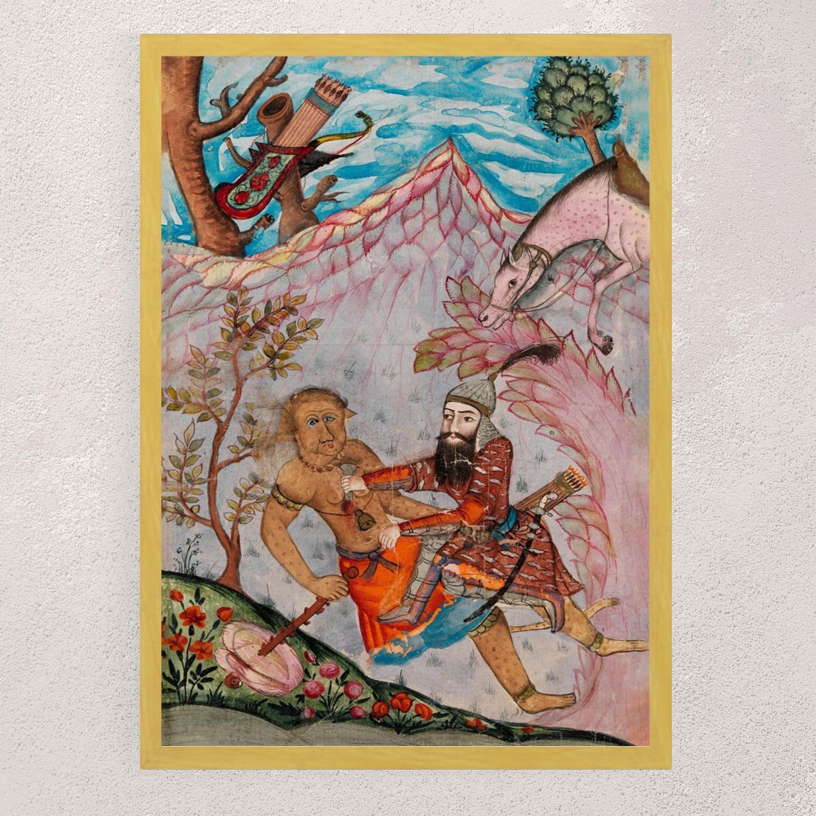 Watercolor Rustam's Seventh Labor | Ancient Persian Illuminated Codex Manuscript | Mythical Folklore Dragon Lion Vintage Framed Art Print