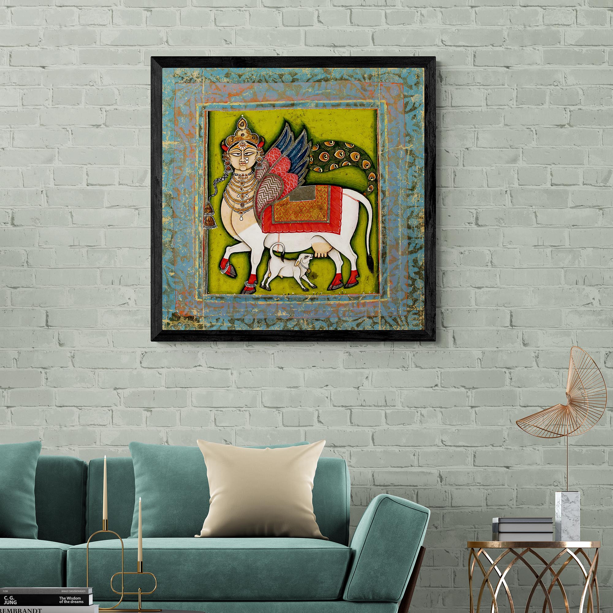 Fine art Wish Granting Cow! | Sacred Cow Mystical Chimera | Hindu Mythology and Islamic Art Colorful Fusion Framed Art Print