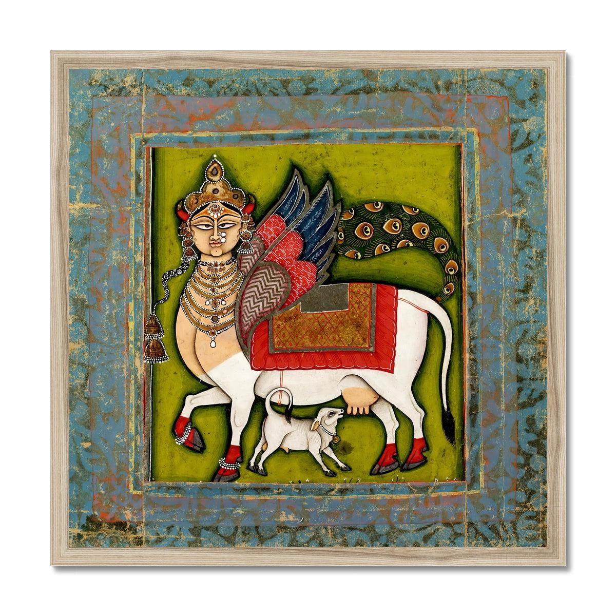 Fine art 20"x20" / Natural Frame Wish Granting Cow! | Sacred Cow Mystical Chimera | Hindu Mythology and Islamic Art Colorful Fusion Framed Art Print