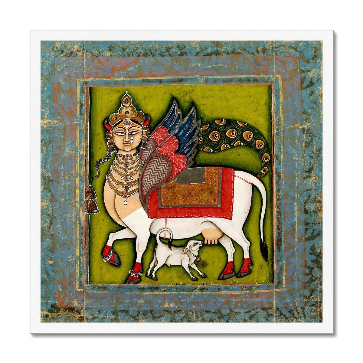 Fine art 20"x20" / White Frame Wish Granting Cow! | Sacred Cow Mystical Chimera | Hindu Mythology and Islamic Art Colorful Fusion Framed Art Print