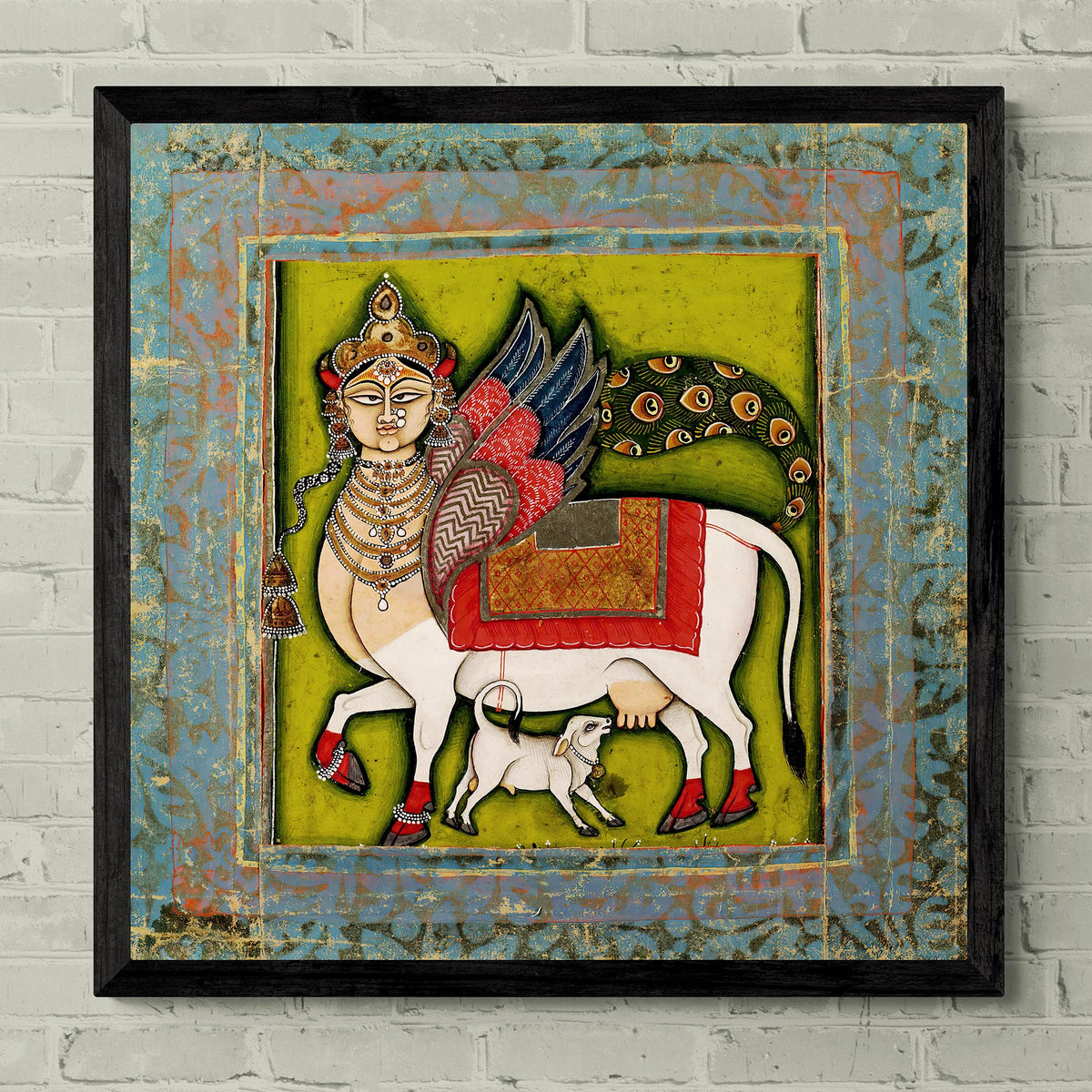 Fine art 12&quot;x12&quot; / Black Frame Wish Granting Cow! | Sacred Cow Mystical Chimera | Hindu Mythology and Islamic Art Colorful Fusion Framed Art Print