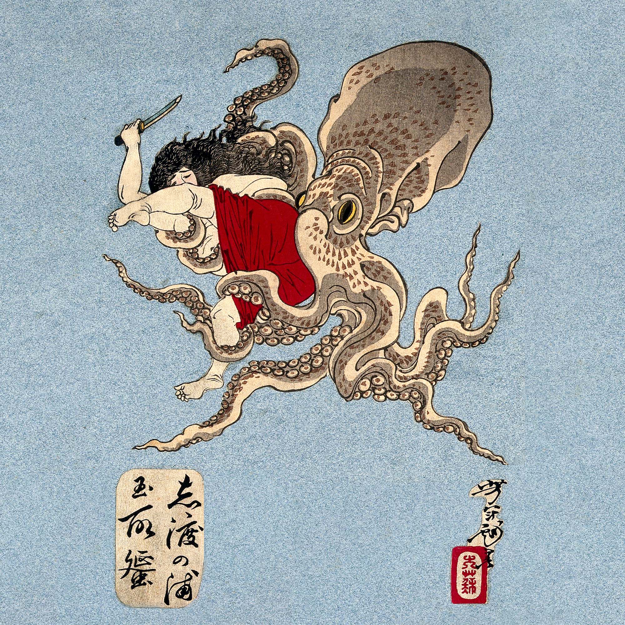 T-shirt XS Woman Battling an Octopus (Yoshitoshi) | "A Collection of Desires" Squid Graphic Art T-Shirt