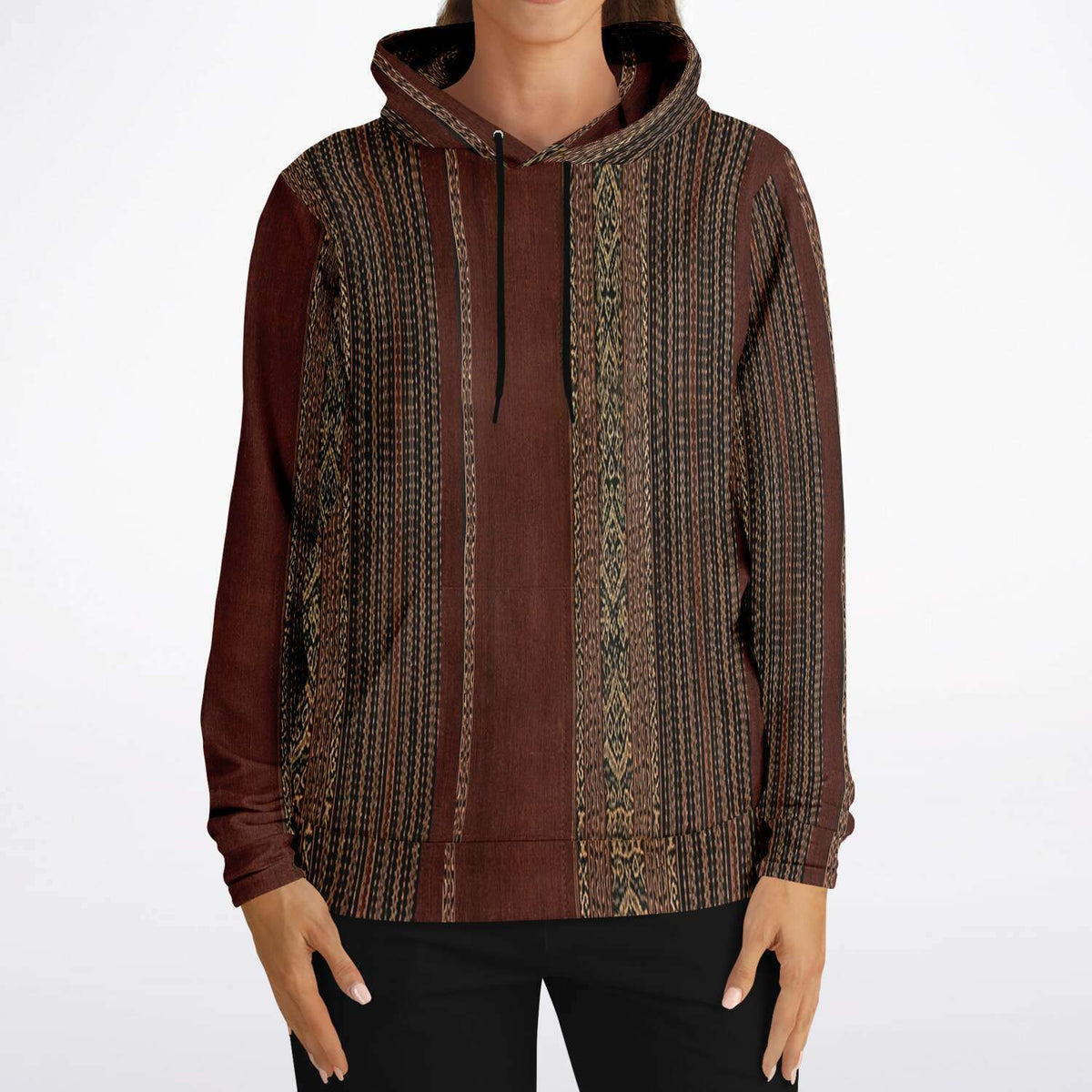 Woven Ikat-Inspired Ethnic Copper Colored Boho Hippy Batik Thai Laos Indian Indonesia Textile Tribal Pullover Hoodie