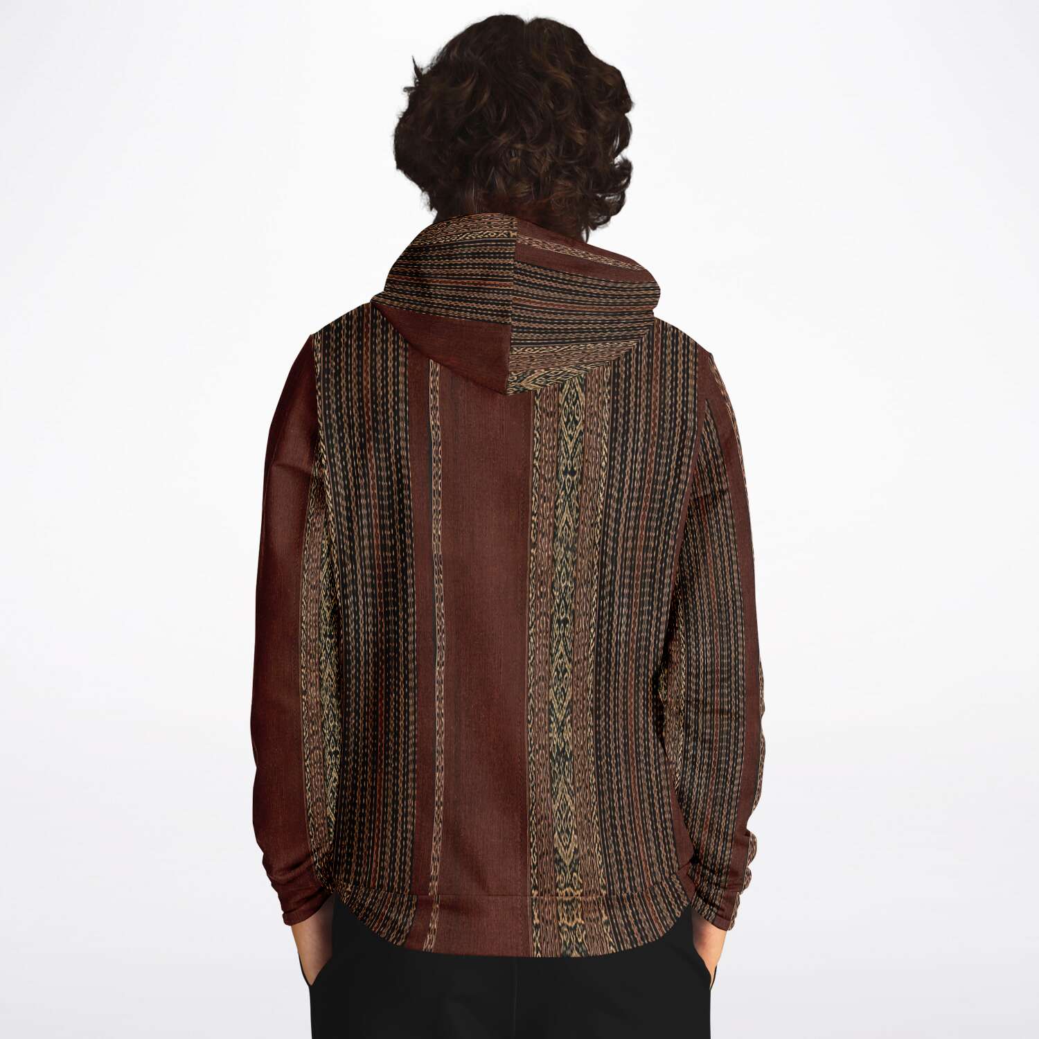 Fashion Hoodie - AOP Woven Ikat-Inspired Ethnic Copper Colored Boho Hippy Batik Thai Laos Indian Indonesia Textile Tribal Pullover Hoodie