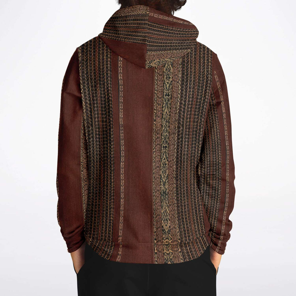 Woven Ikat-Inspired Ethnic Copper Colored Boho Hippy Batik Thai Laos Indian Indonesia Textile Tribal Pullover Hoodie