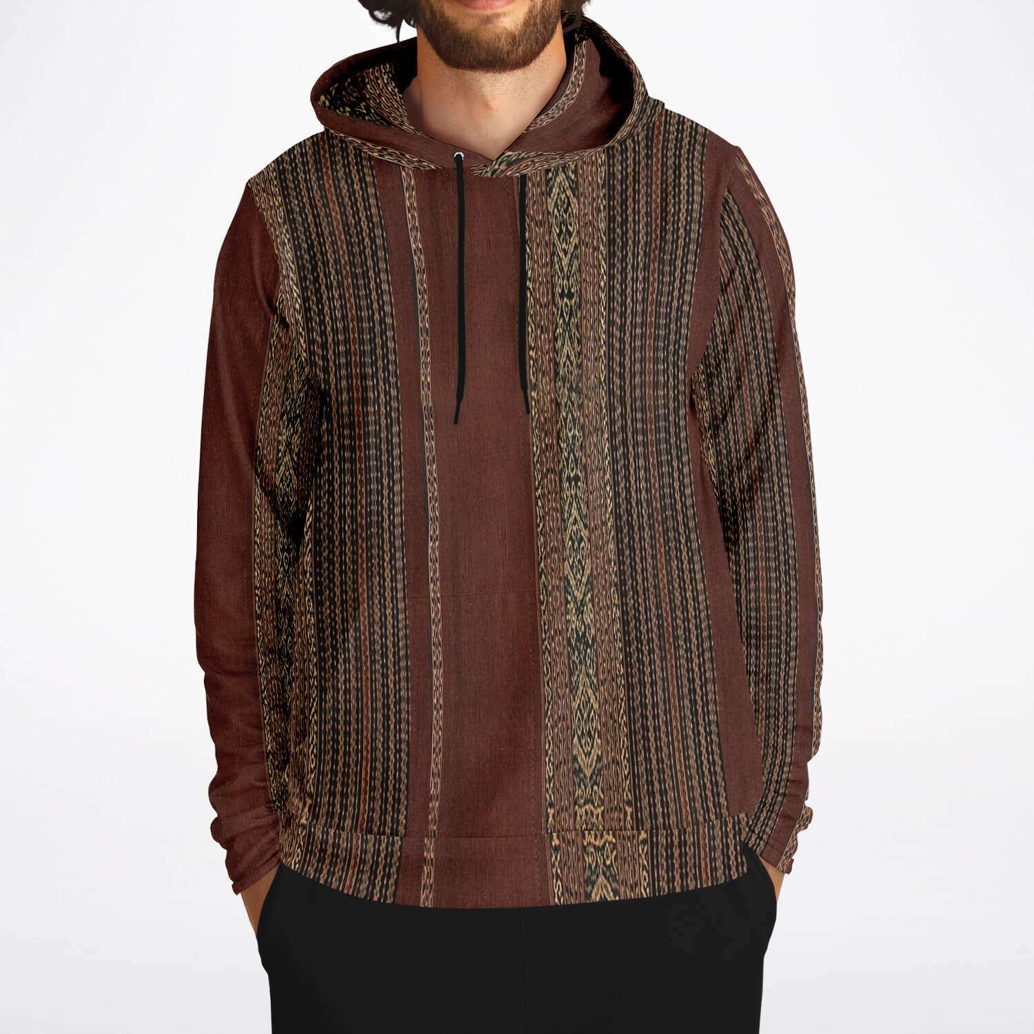 Woven Ikat-Inspired Ethnic Copper Colored Boho Hippy Batik Thai Laos Indian Indonesia Textile Tribal Pullover Hoodie