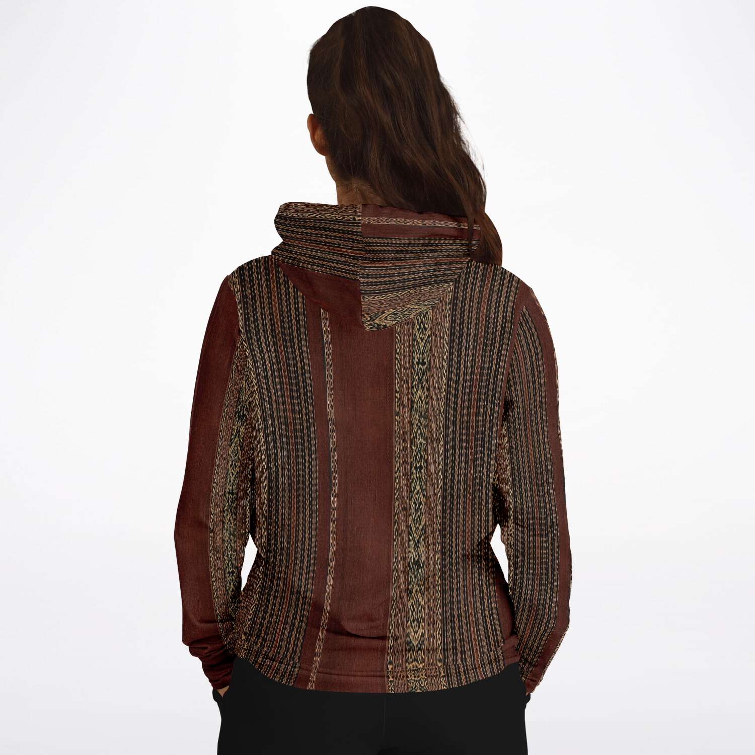 Woven Ikat-Inspired Ethnic Copper Colored Boho Hippy Batik Thai Laos Indian Indonesia Textile Tribal Pullover Hoodie