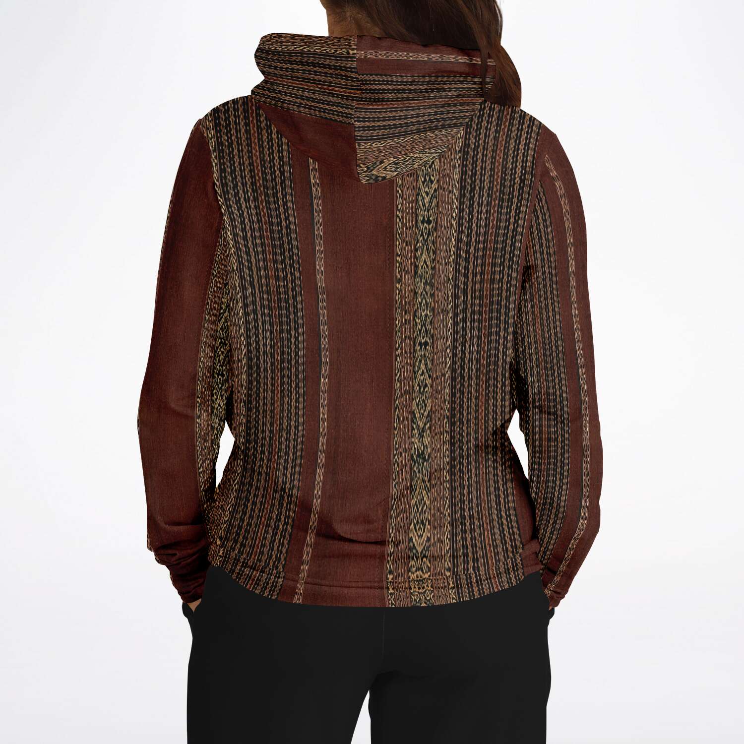 Woven Ikat-Inspired Ethnic Copper Colored Boho Hippy Batik Thai Laos Indian Indonesia Textile Tribal Pullover Hoodie