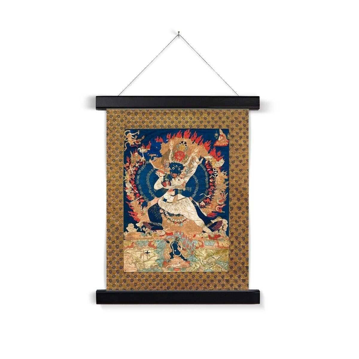 Hangar Thangka Yama and Consort, Sacred Tibetan Fine Art Vintage Fine Art Print Buddhist Tantra Nepal Deity with Thangka-Style Hanger