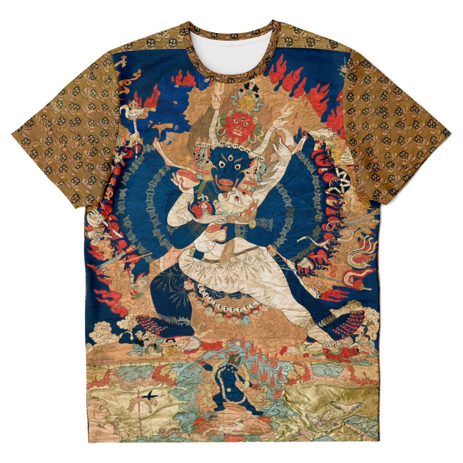 T-shirt Yama and Consort, Tibetan Thangka Buddhist Protector Deity | Tantra Bon Nepal Buddha Gift | Antique Vintage Graphic Art T-Shirt Tee