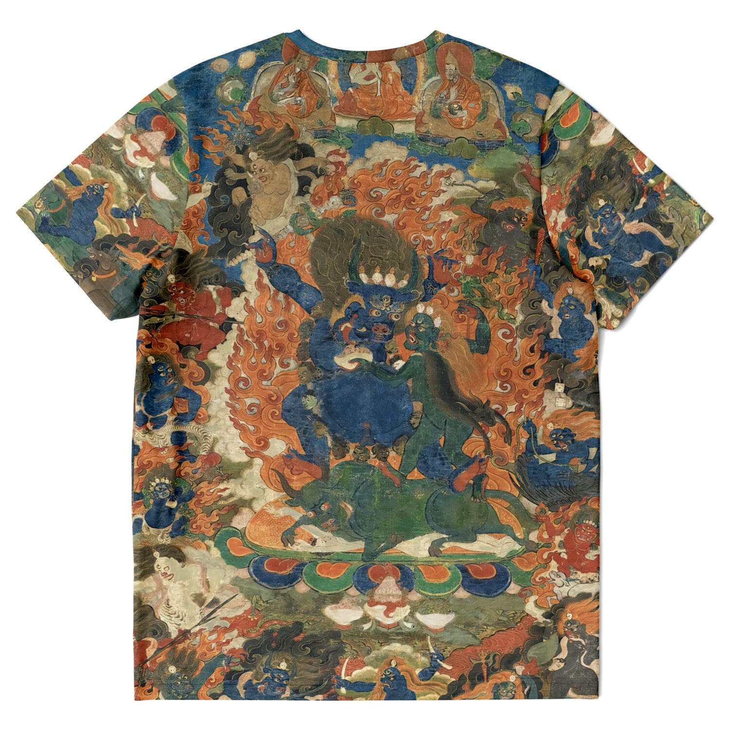 T-shirt Yama Dharmaraja Wrathful Deity | Antique-Aged Tibetan Spiritual Thangka, Alidhasana Meditation Deity Graphic Art T-Shirt