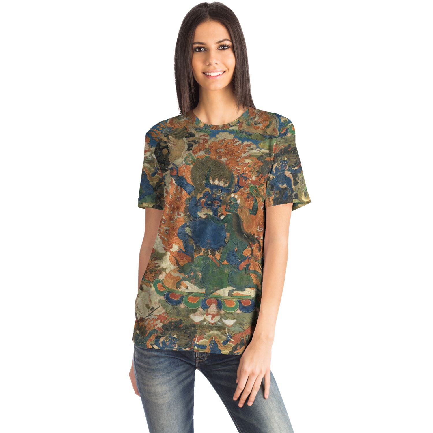 Yama Dharmaraja Wrathful Deity | Antique-Aged Tibetan Spiritual Thangka, Alidhasana Meditation Deity Graphic Art T-Shirt