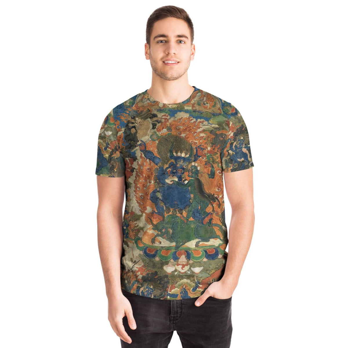 Yama Dharmaraja Wrathful Deity | Antique-Aged Tibetan Spiritual Thangka, Alidhasana Meditation Deity Graphic Art T-Shirt