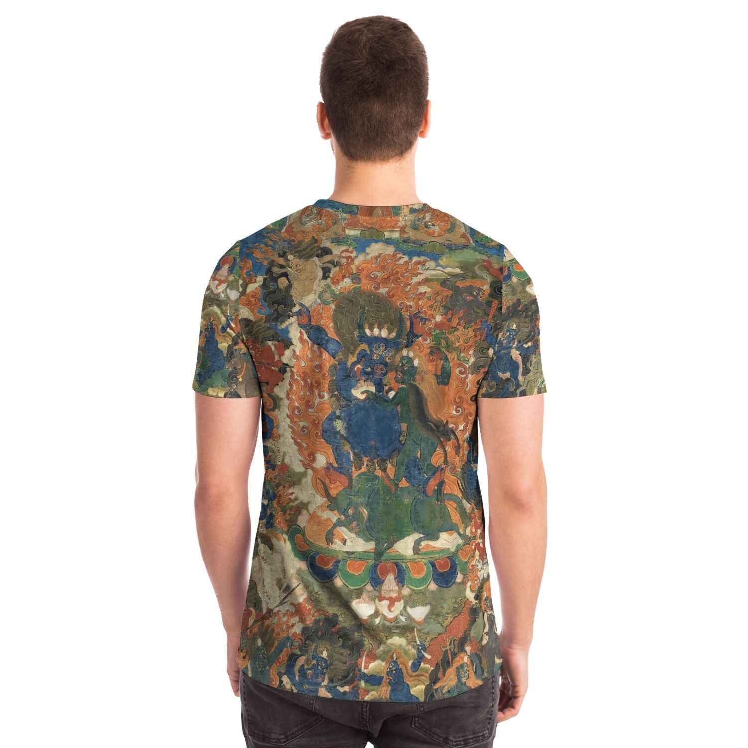 T-shirt Yama Dharmaraja Wrathful Deity | Antique-Aged Tibetan Spiritual Thangka, Alidhasana Meditation Deity Graphic Art T-Shirt