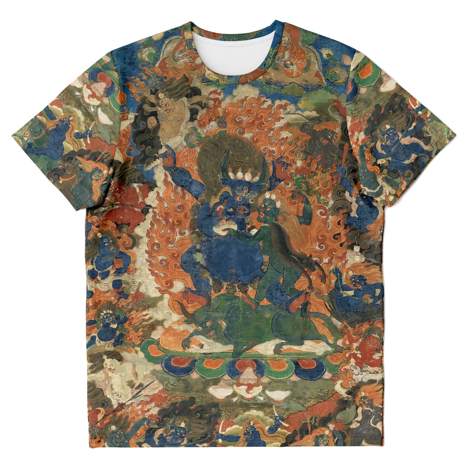 T-shirt XS Yama Dharmaraja Wrathful Deity | Antique-Aged Tibetan Spiritual Thangka, Alidhasana Meditation Deity Graphic Art T-Shirt
