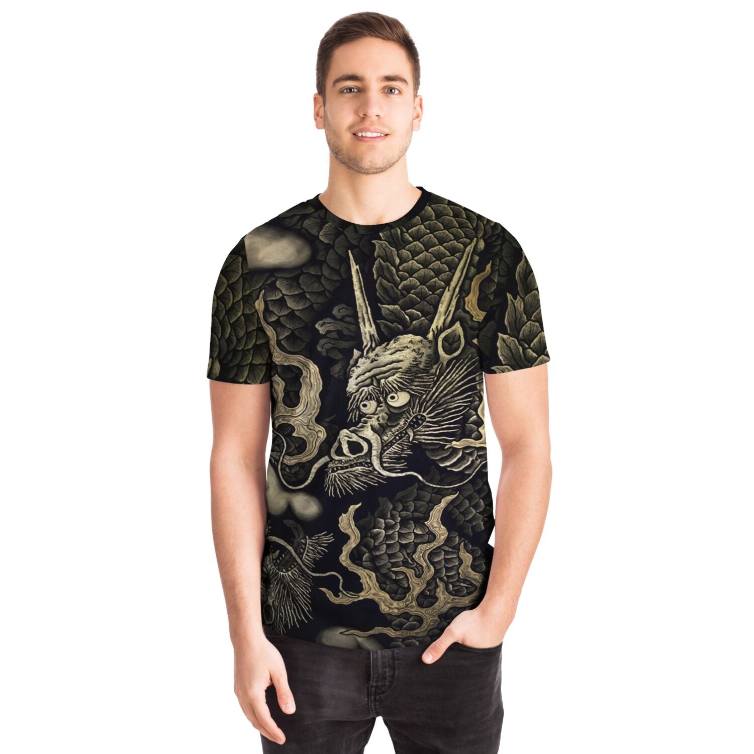 Zen Gold Dragons: Kennin-ji 1202 AD Temple Art | Kyoto Japan Zazen Zendo | Serpent Snake Vintage All-Over-Print T-shirt-Sacred Surreal