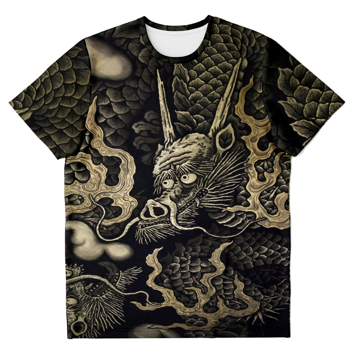 Zen Gold Dragons: Kennin-ji 1202 AD Temple Art | Kyoto Japan Zazen Zendo | Serpent Snake Vintage All-Over-Print T-shirt-Sacred Surreal