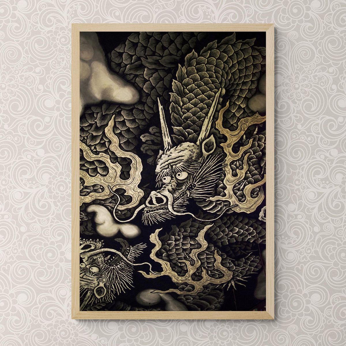 Zen Gold Dragons | Kennin-ji 1202 AD Temple Ceiling Art | Kyoto Japan Zendo Zazen | Vintage Serpent Snake Fine Art Print