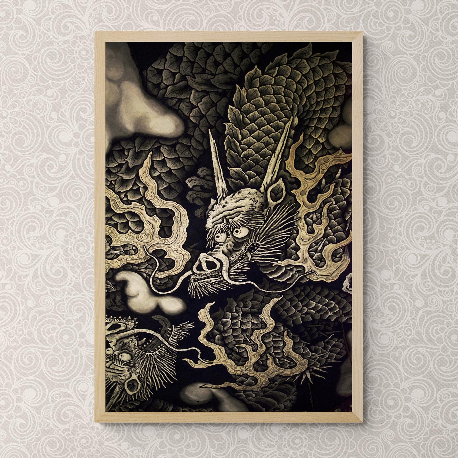 Zen Gold Dragons | Kennin-ji 1202 AD Temple Ceiling Art | Kyoto Japan Zendo Zazen | Vintage Serpent Snake Fine Art Print