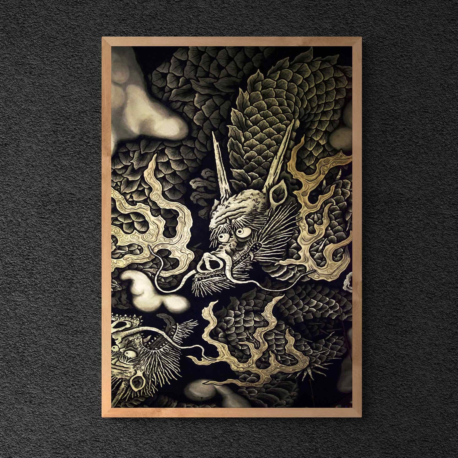 Zen Gold Dragons | Kennin-ji 1202 AD Temple Ceiling Art | Kyoto Japan Zendo Zazen | Vintage Serpent Snake Fine Art Print