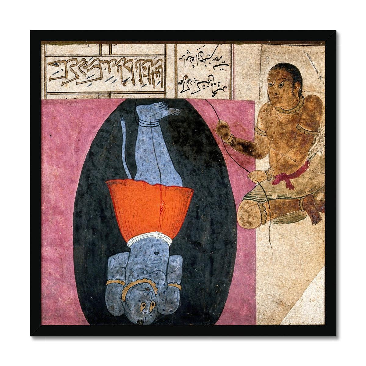 Fine art 20"x20" / Black Frame Zoroastrian Div (Demon) Cast Into a Cave | 19th-Century Persian, Indian Mythology Framed Art Print